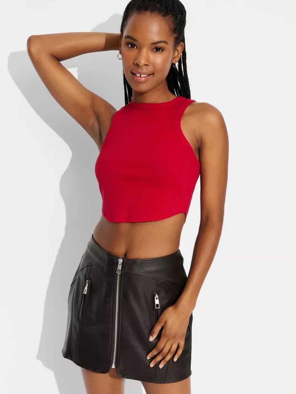Wild Fable Red Ribbed High-Neck Cropped Tank Top